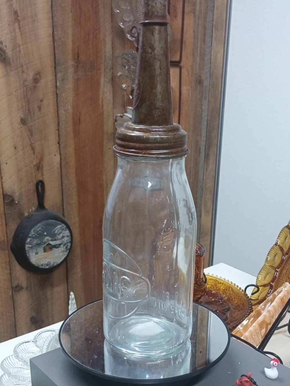 Gulf Embossed Antique-Style Clear Glass Quart Oil Bottle wit Metal Fill Spout